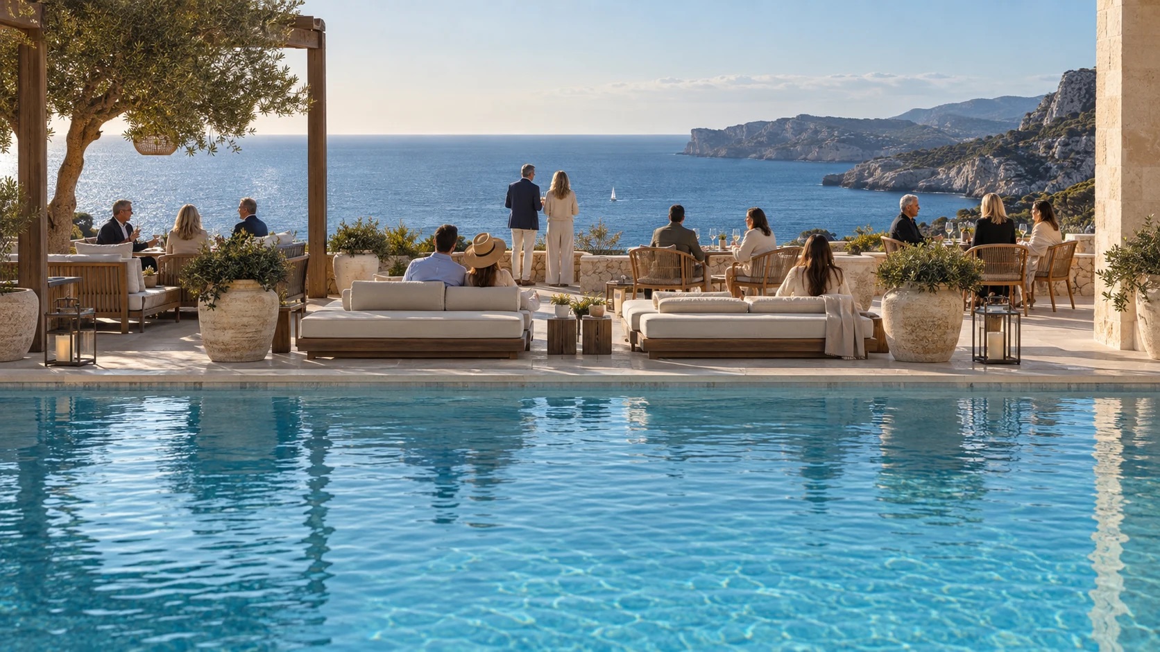 Terraza de un hotel boutique de lujo en la costa mediterránea, con huéspedes junto al mar y una piscina turquesa en una tarde de otoño.